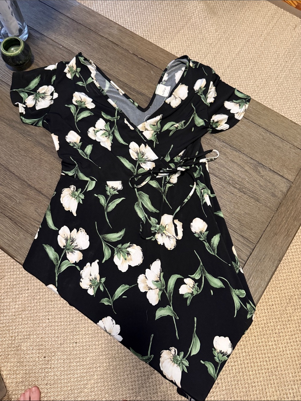 Kaileigh Black Floral Wrap Dress with White Blooms and Green Leaves